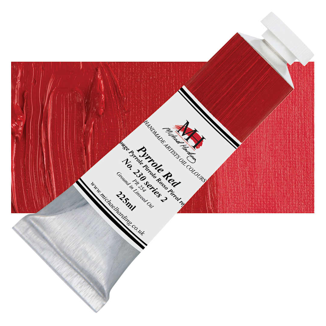 Open in modal - Michael Harding Artists Oil Paint - Pyrrole Red, 225 ml, Tube and swatch
