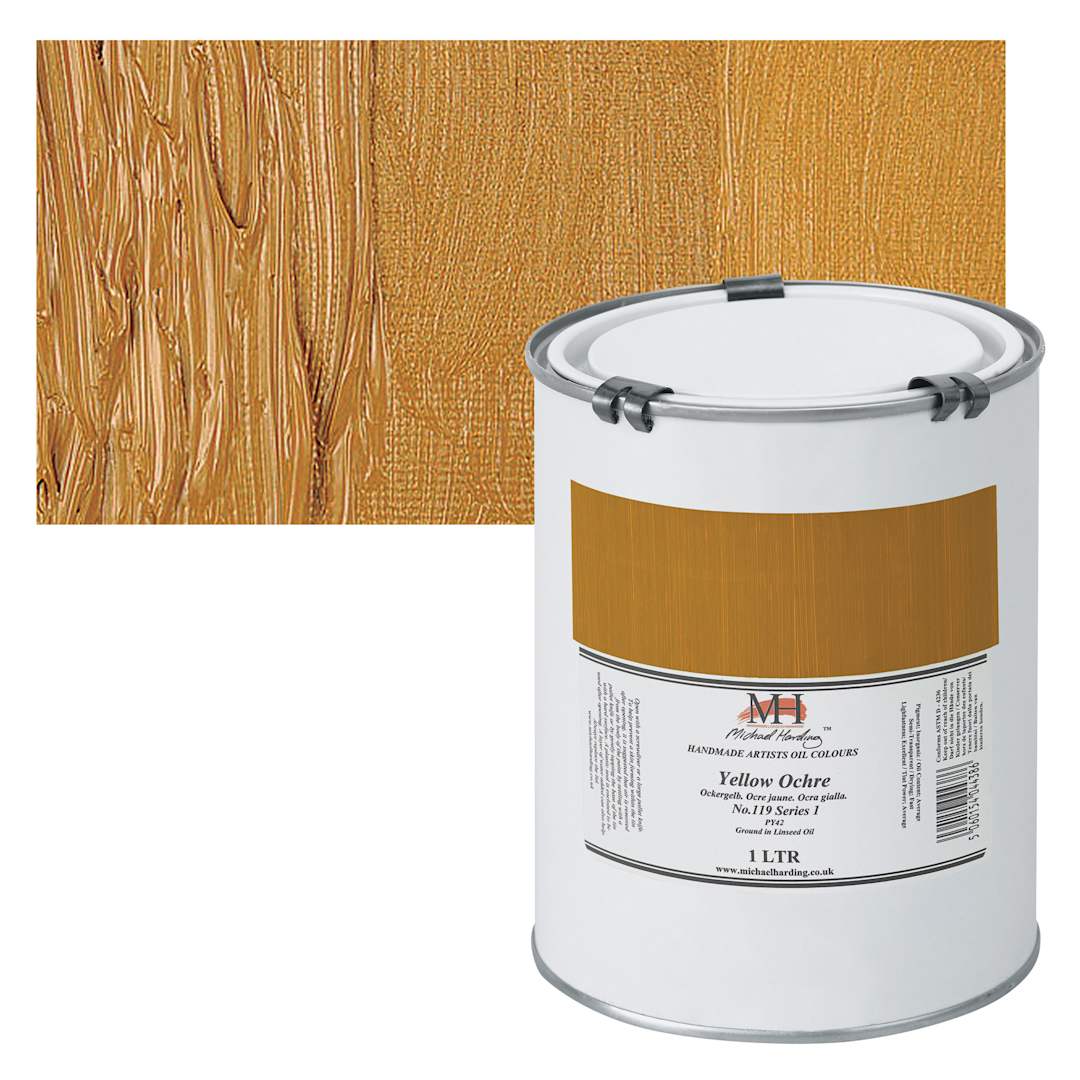 Open in modal - Michael Harding Artists Oil Paint - Yellow Ochre, 1 Liter and swatch
