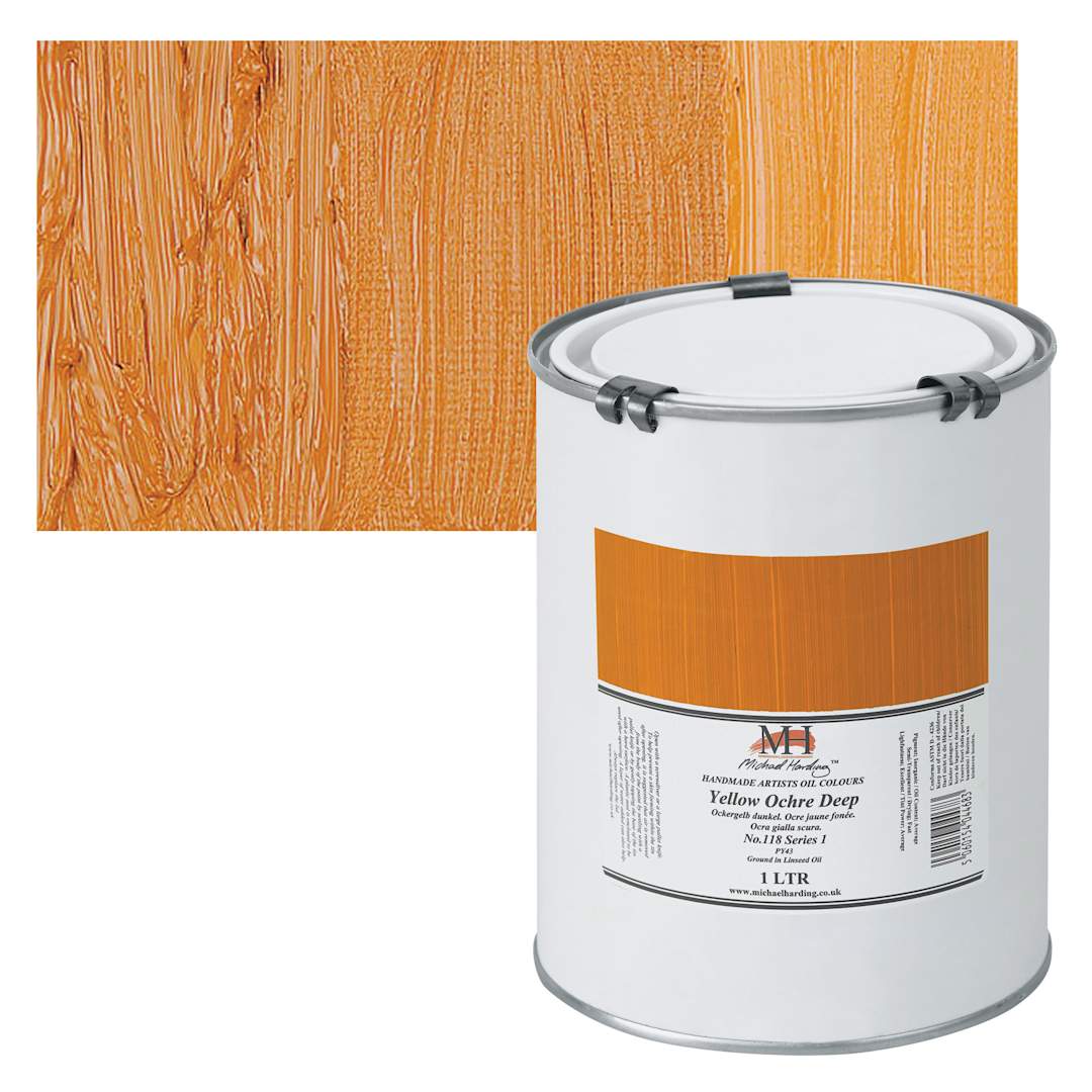 Open in modal - Michael Harding Artists Oil Paint - Yellow Ochre Deep, 1 Liter and swatch