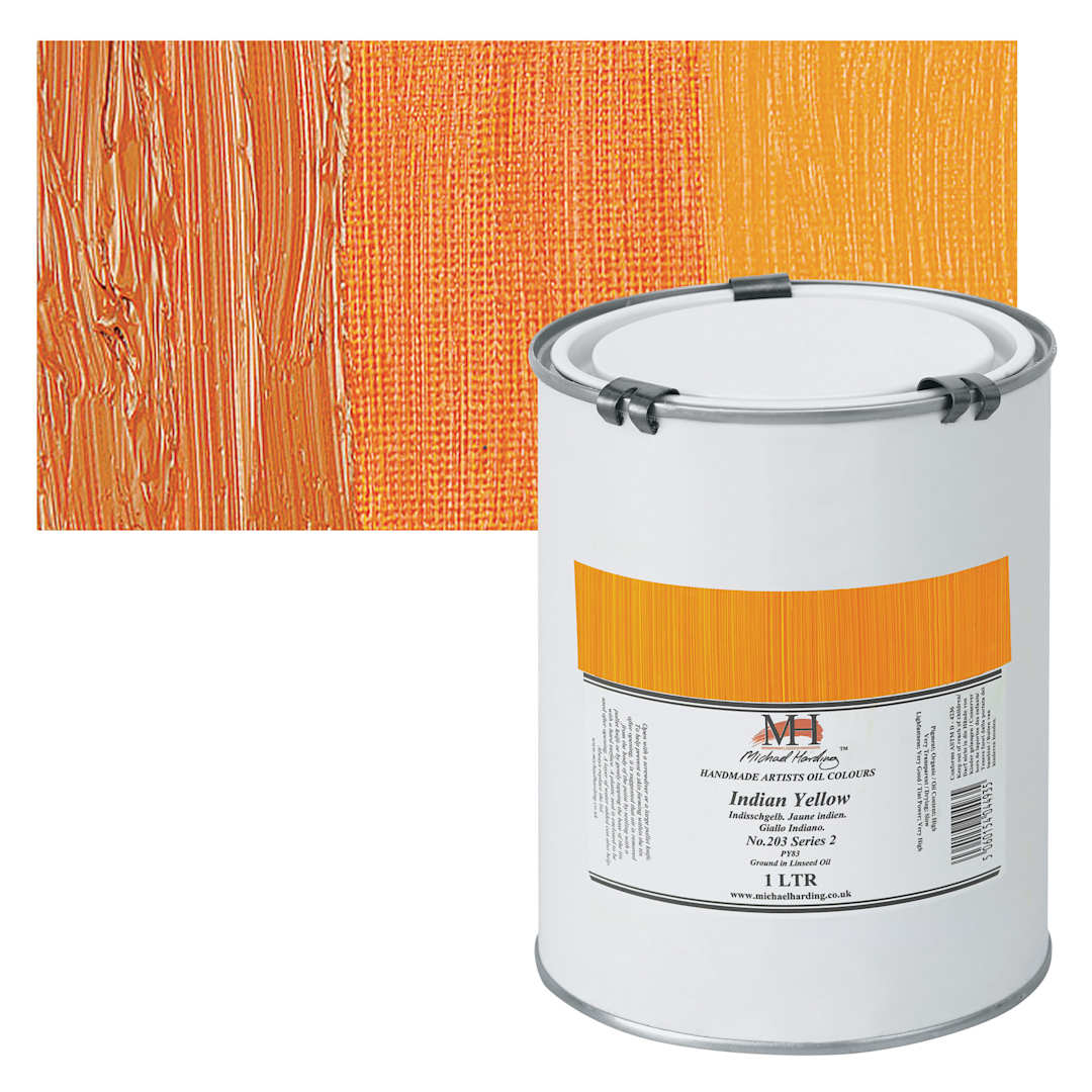 Open in modal - Michael Harding Artists Oil Paint - Indian Yellow, 1 Liter and swatch