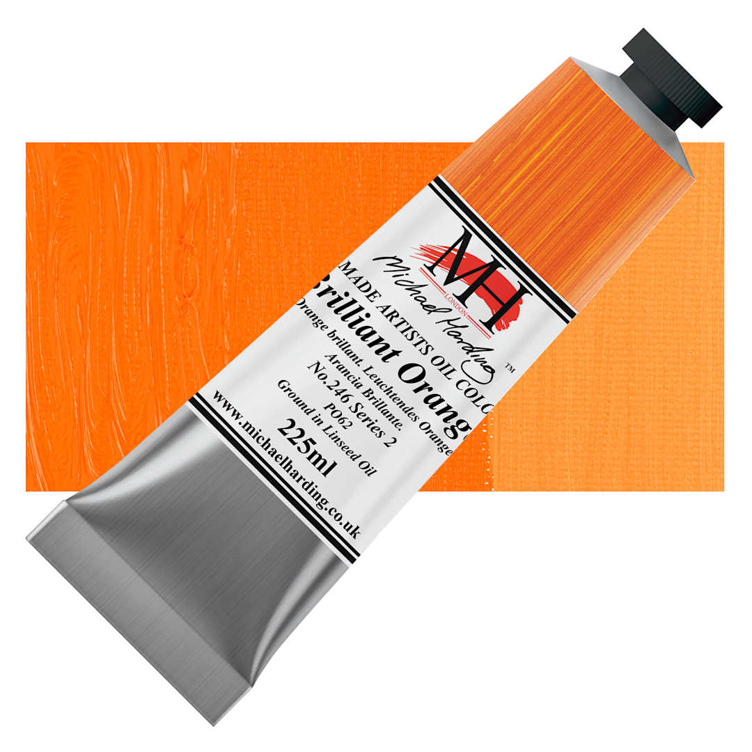 Open in modal - Michael Harding Artists Oil Color - Brilliant Orange, 225 ml tube and swatch