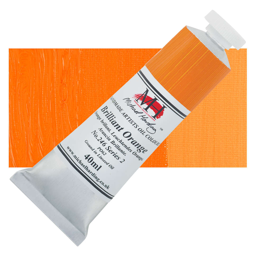 Open in modal - Michael Harding Artists Oil Color - Brilliant Orange, 40 ml tube and swatch
