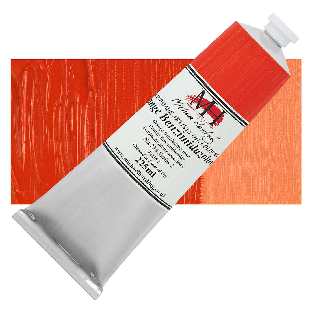 Open in modal - Michael Harding Artists Oil Color - Orange Benzimidazolone, 225 ml tube and swatch
