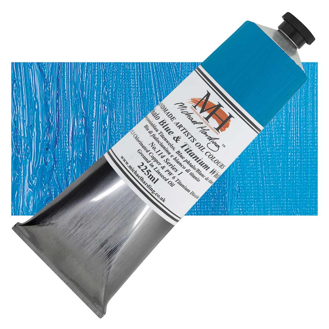 Open in modal - Michael Harding Artists Oil Paint - Phthalo Blue and Titanium White, 225 ml tube and swatch