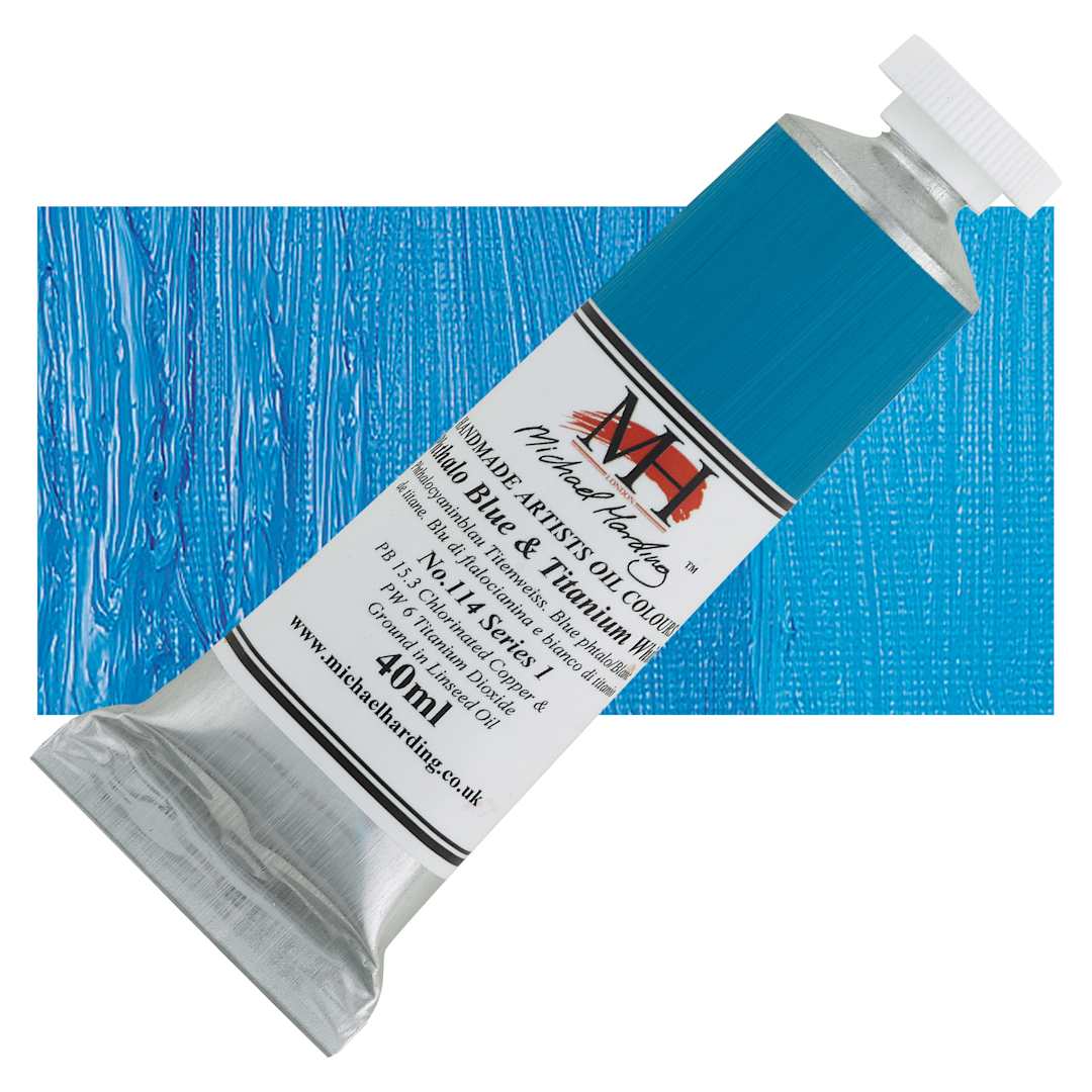 Open in modal - Michael Harding Artists Oil Paint - Phthalo Blue and Titanium White, 40 ml tube and swatch
