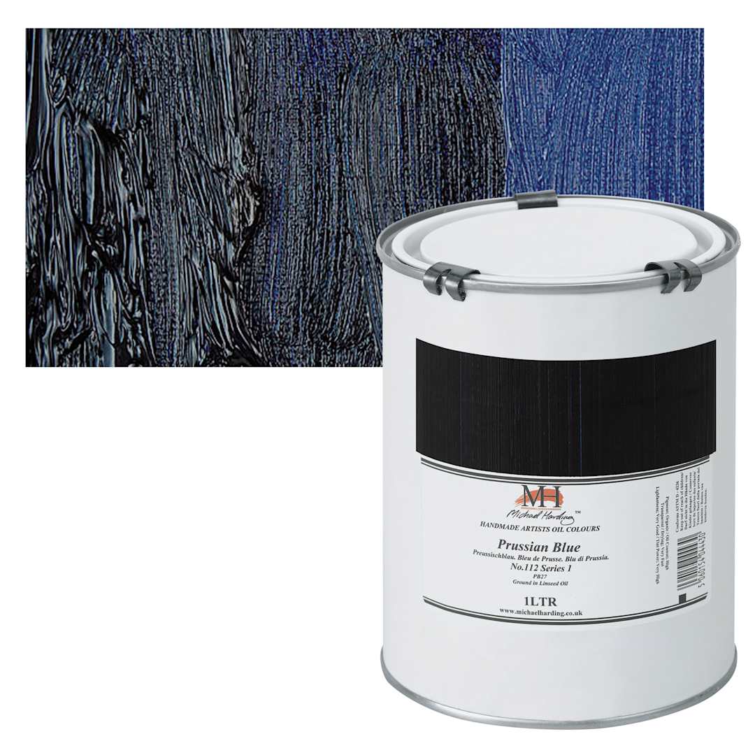Open in modal - Michael Harding Artists Oil Paint - Prussian Blue, 1 Liter and swatch