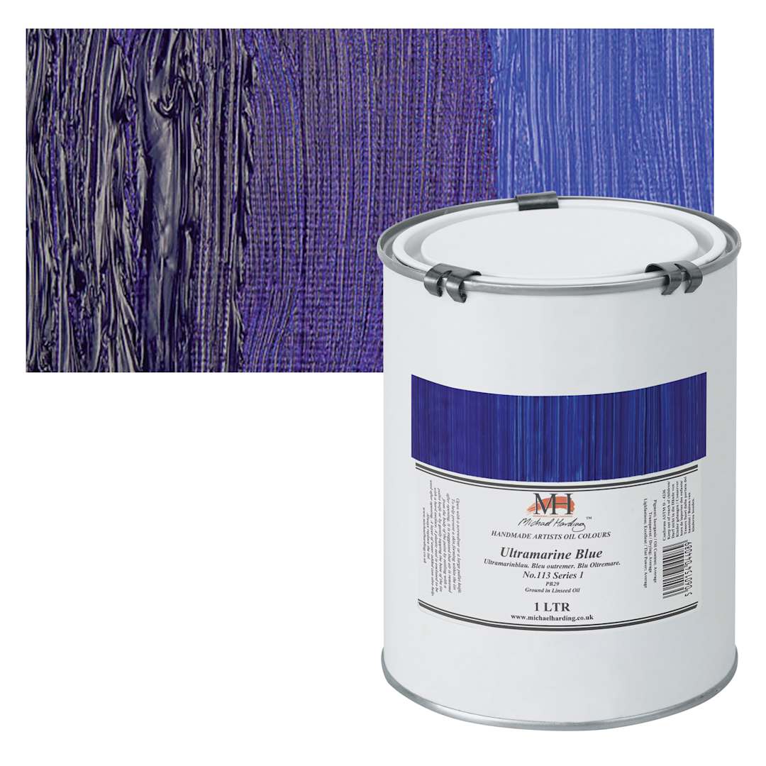 Open in modal - Michael Harding Artists Oil Paint - Ultramarine Blue, 1 Liter and swatch