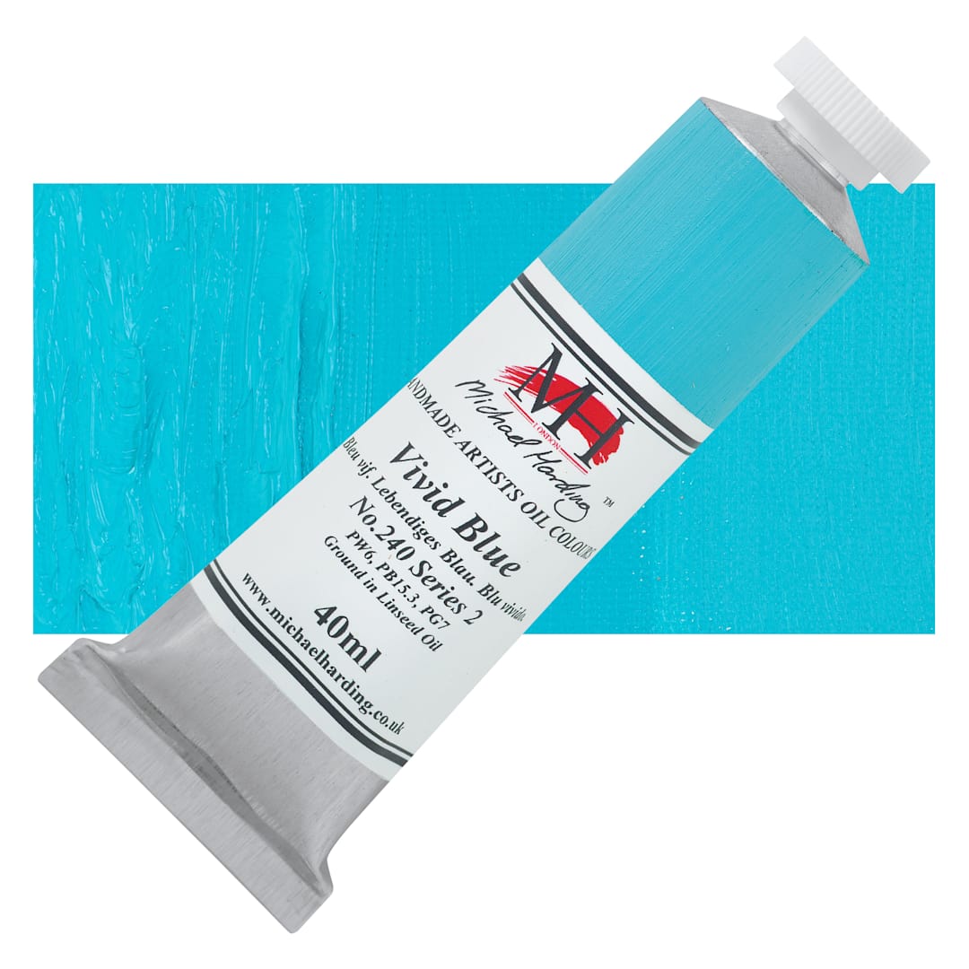 Open in modal - Michael Harding Artists Oil Color - Vivid Blue, 40 ml tube and swatch