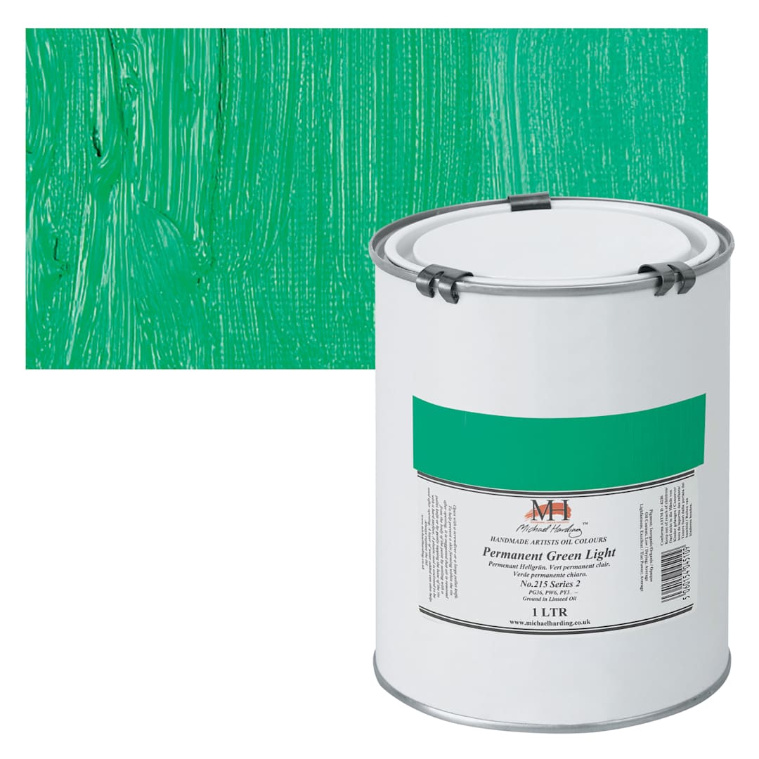 Open in modal - Michael Harding Artists Oil Paint - Permanent Green Light, 1 Liter and swatch