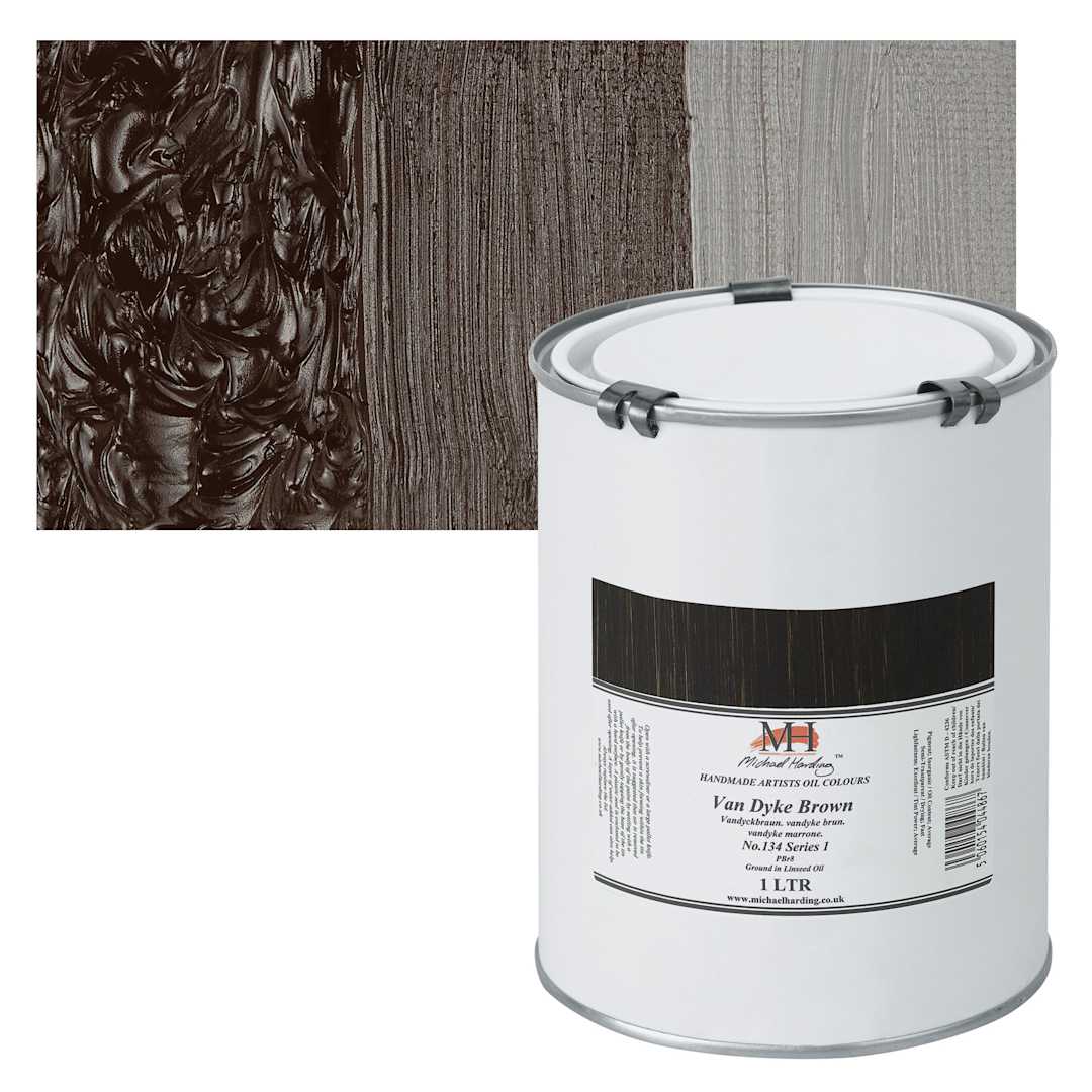 Open in modal - Michael Harding Artists Oil Paint - Van Dyke Brown, 1 Liter and swatch
