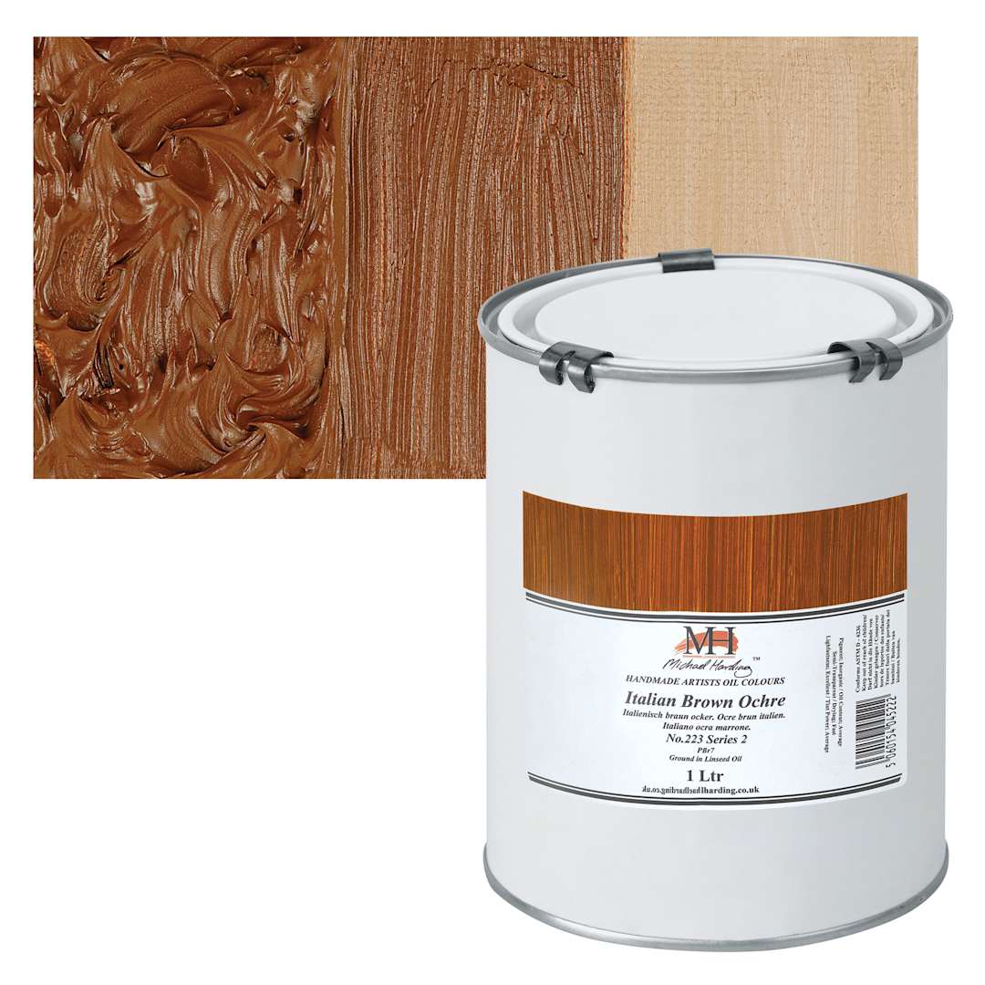 Open in modal - Michael Harding Artists Oil Paint - Italian Brown Ochre, 1 Liter and swatch