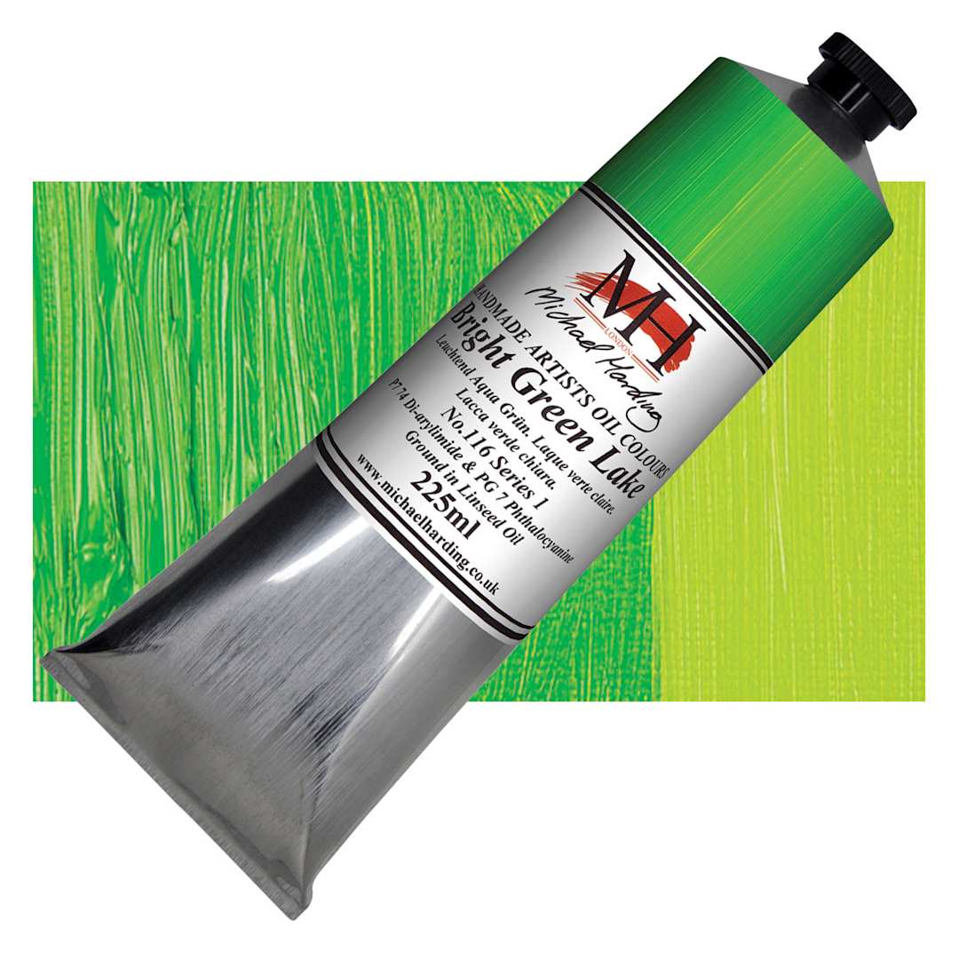 Open in modal - Michael Harding Artists Oil Paint - Bright Green Lake, 225 ml tube and swatch