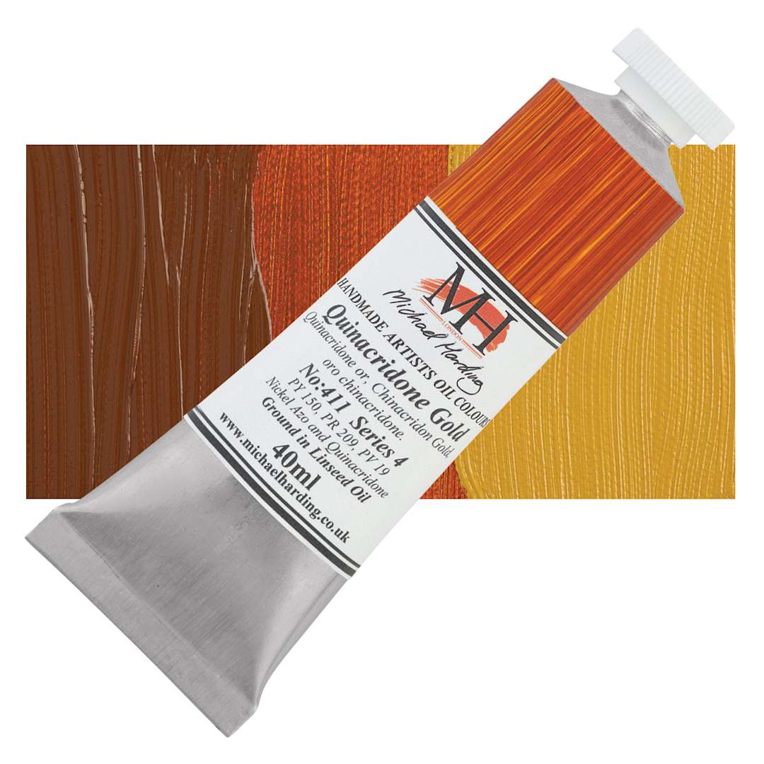 Open in modal - Michael Harding Artists Oil Paint - Quinacridone Gold, 40 ml tube and swatch