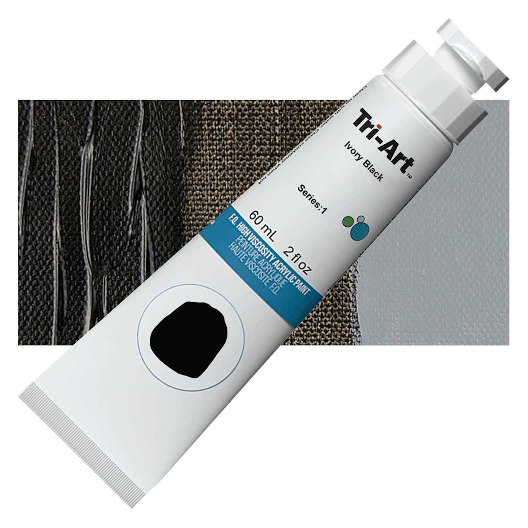 Open in modal - Tri-Art High Viscosity Artist Acrylic - Ivory Black, 60 ml tube and swatch