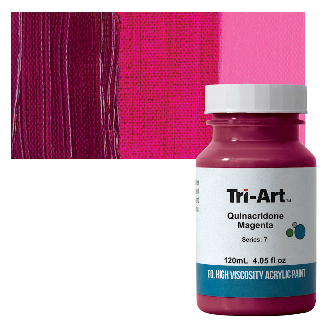 Open in modal - Tri-Art High Viscosity Artist Acrylic - Quinacridone Magenta, 120 ml jar and swatch