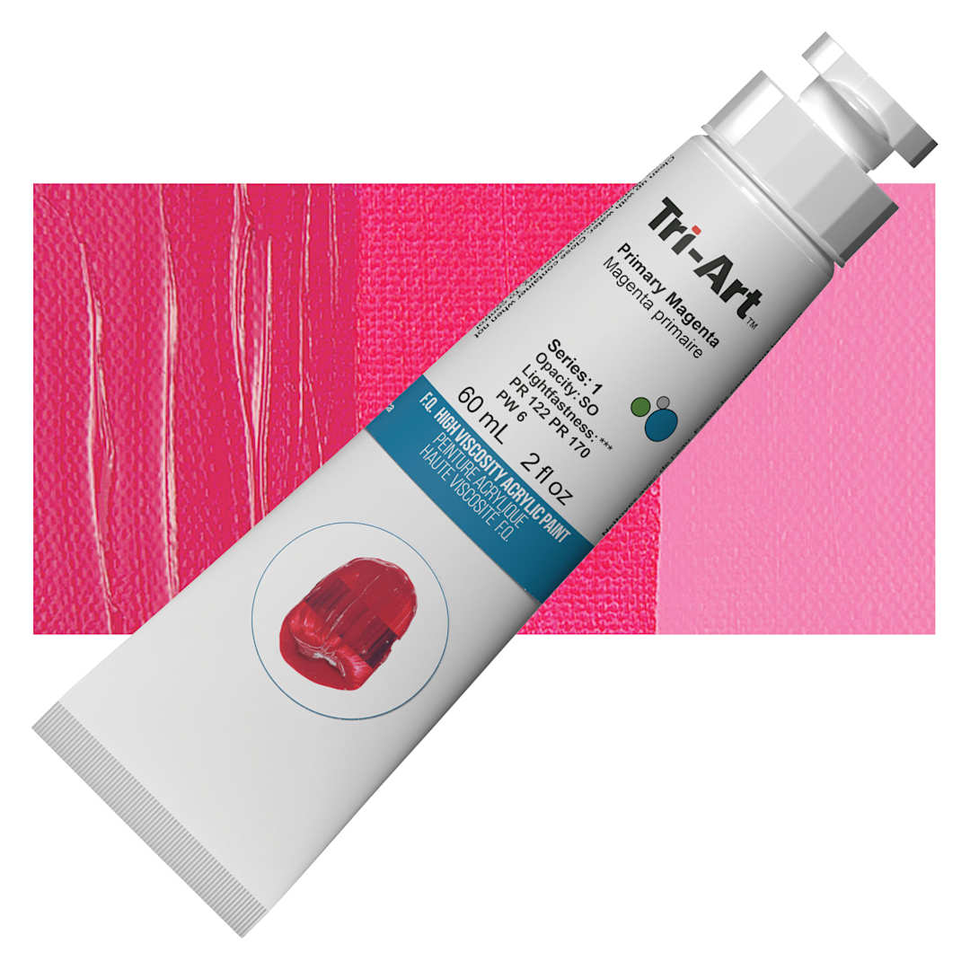 Open in modal - Tri-Art High Viscosity Artist Acrylic - Primary Magenta, 60 ml tube and swatch