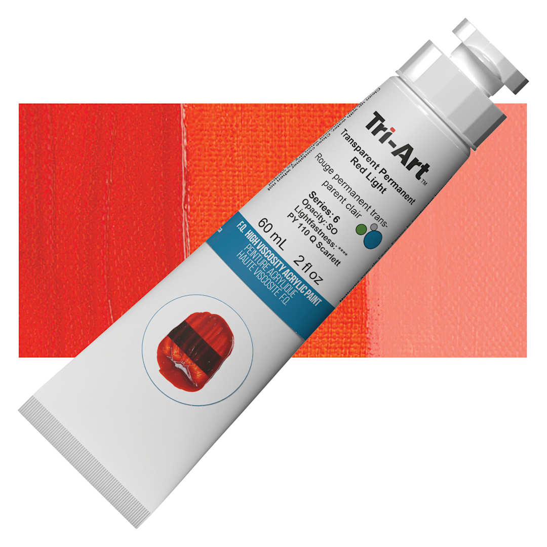 Open in modal - Tri-Art High Viscosity Artist Acrylic - Transparent Permanent Red Light, 60 ml tube and swatch