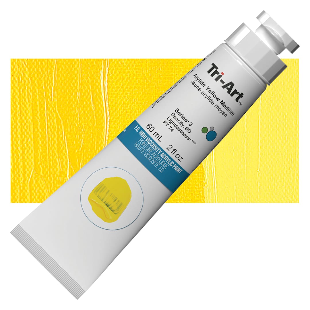 Open in modal - Tri-Art High Viscosity Artist Acrylic - Arylide Yellow Medium, 60 ml tube and swatch
