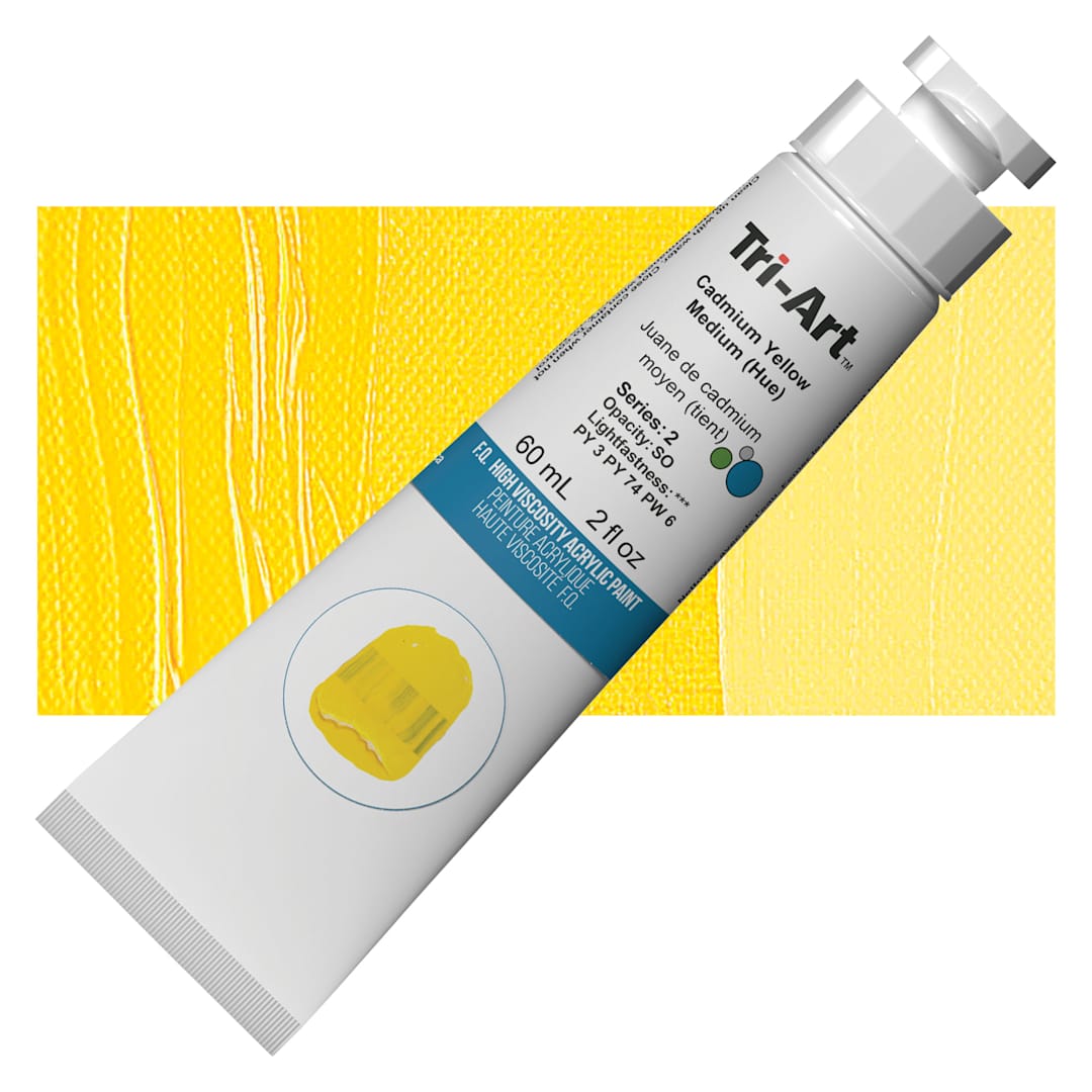 Open in modal - Tri-Art High Viscosity Artist Acrylic - Cadmium Yellow Medium Hue, 60 ml tube and swatch