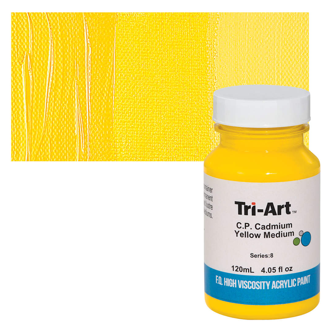 Open in modal - Tri-Art High Viscosity Artist Acrylic - C.P. Cadmium Yellow Medium, 120 ml jar and swatch