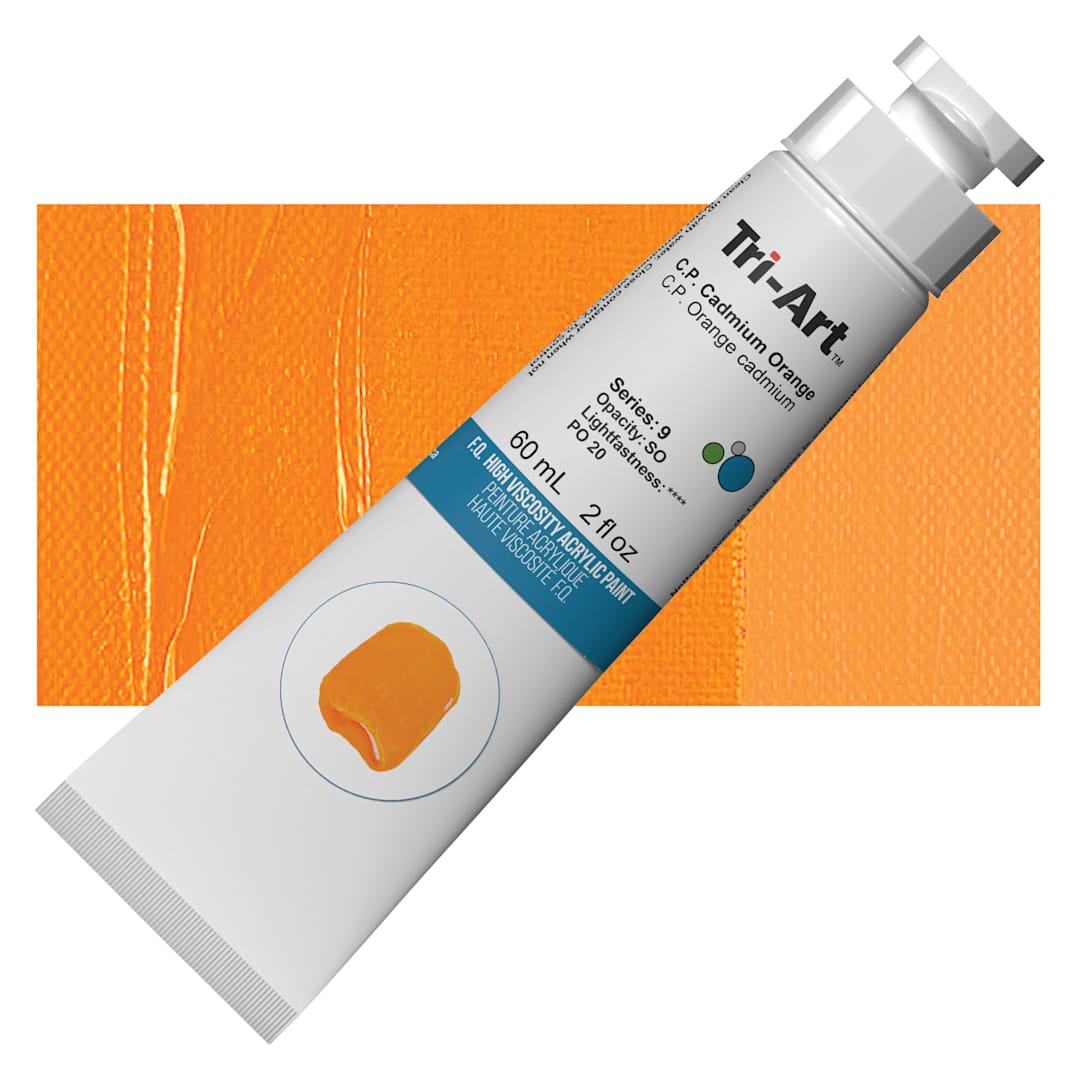 Open in modal - Tri-Art High Viscosity Artist Acrylic - C.P. Cadmium Orange, 60 ml tube and swatch
