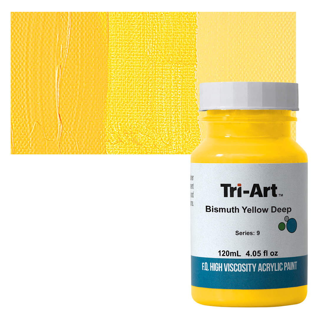 Open in modal - Tri-Art High Viscosity Artist Acrylic - Bismuth Yellow Deep, 120 ml jar and swatch