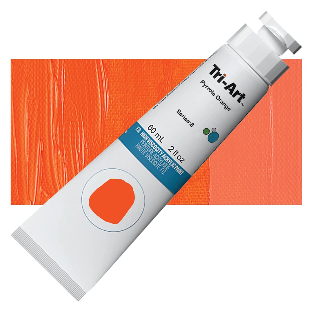 Open in modal - Tri-Art High Viscosity Artist Acrylic - Pyrrole Orange, 60 ml tube and swatch