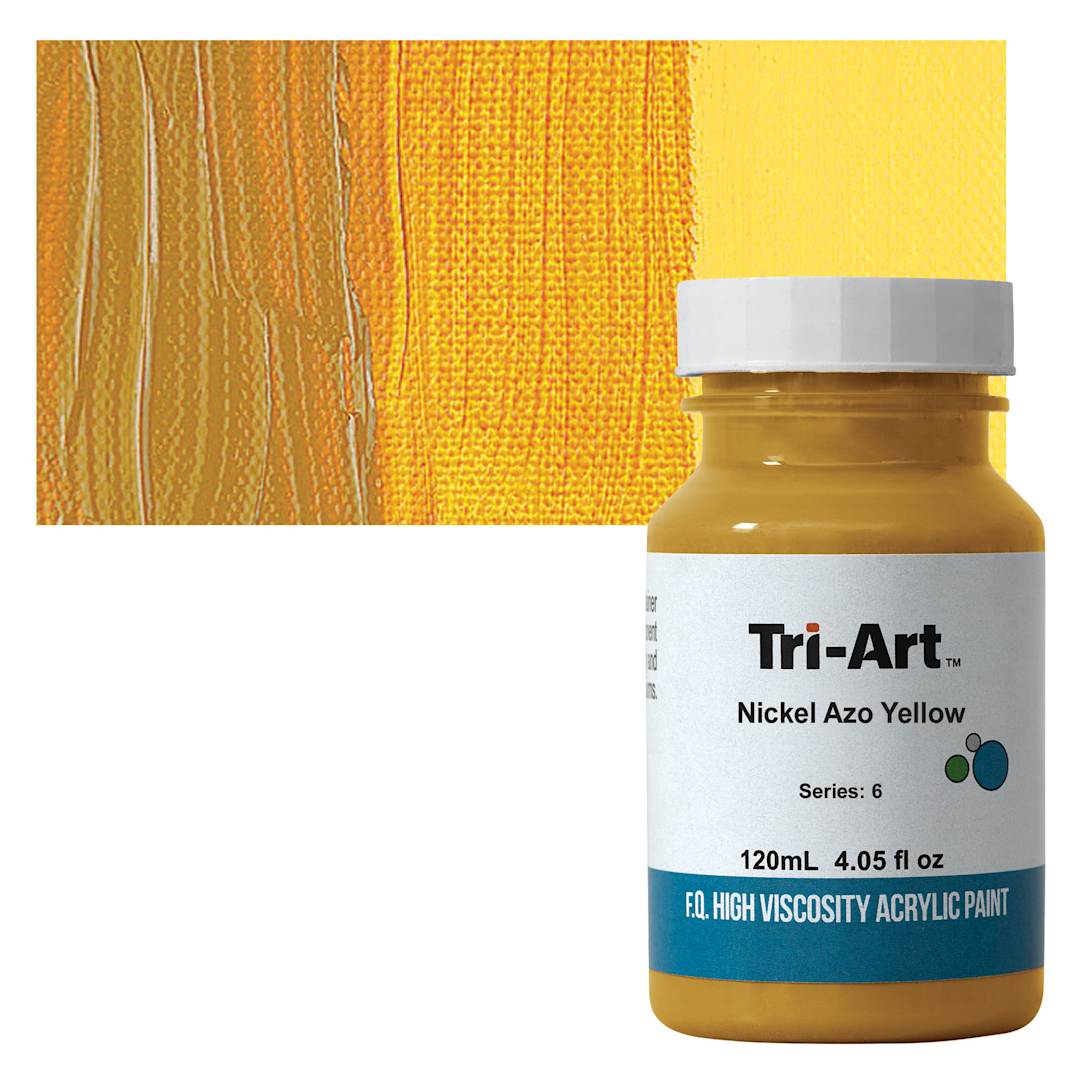 Open in modal - Tri-Art High Viscosity Artist Acrylic - Nickel Azo Yellow, 120 ml jar and swatch
