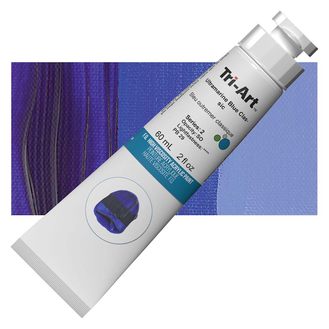 Open in modal - Tri-Art High Viscosity Artist Acrylic - Ultramarine Blue, 60 ml tube and swatch