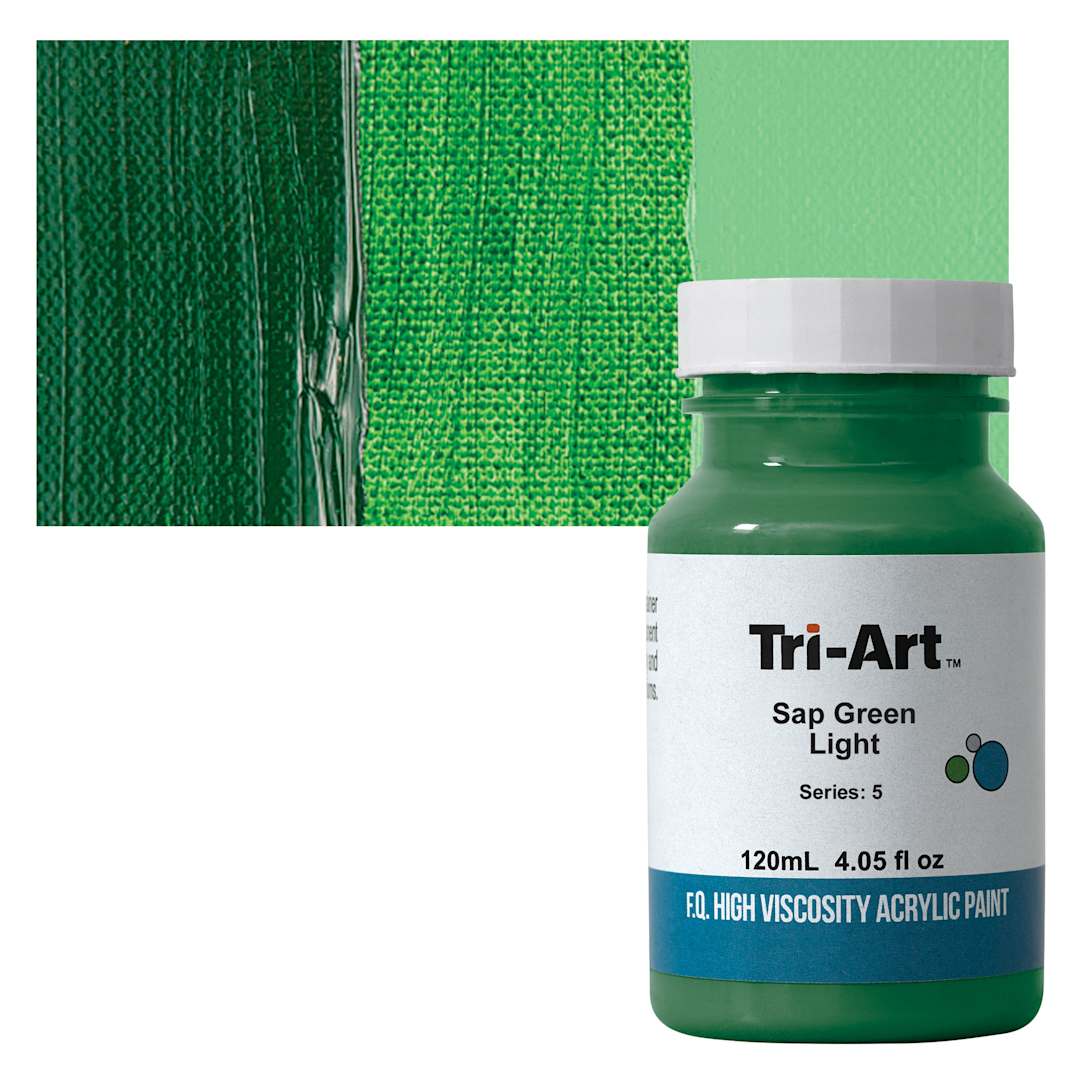 Open in modal - Tri-Art High Viscosity Artist Acrylic - Sap Green Light, 120 ml jar and swatch