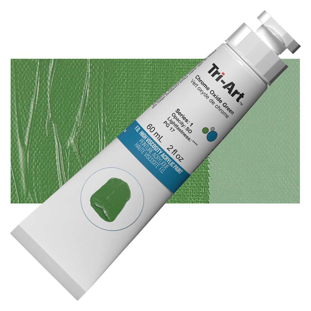 Open in modal - Tri-Art High Viscosity Artist Acrylic - Chromium Oxide Green, 60 ml Tube and swatch
