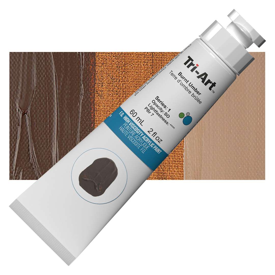 Open in modal - Tri-Art High Viscosity Artist Acrylic - Burnt Umber, 60 ml tube and swatch