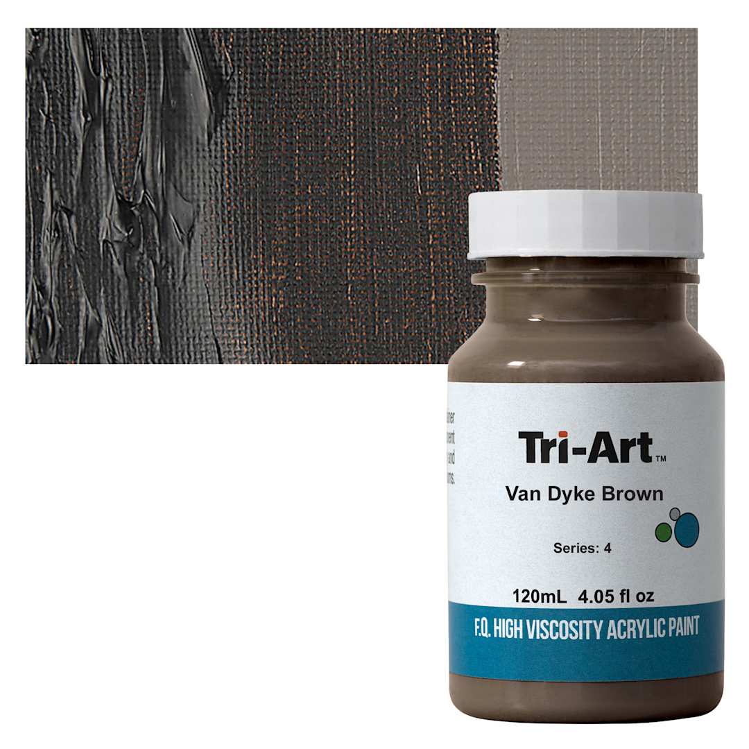 Open in modal - Tri-Art High Viscosity Artist Acrylic - Van Dyke Brown, 120 ml jar and swatch