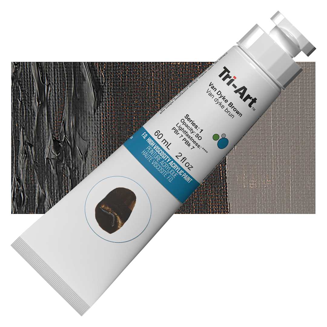 Open in modal - Tri-Art High Viscosity Artist Acrylic - Van Dyke Brown, 60 ml tube and swatch