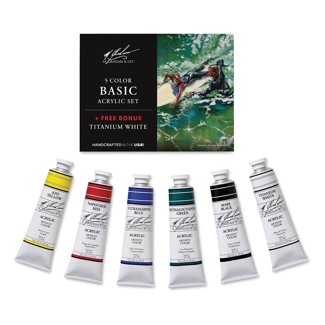 Open in modal - M. Graham Artists' Acrylics - Package standing with 6 color tubes in front