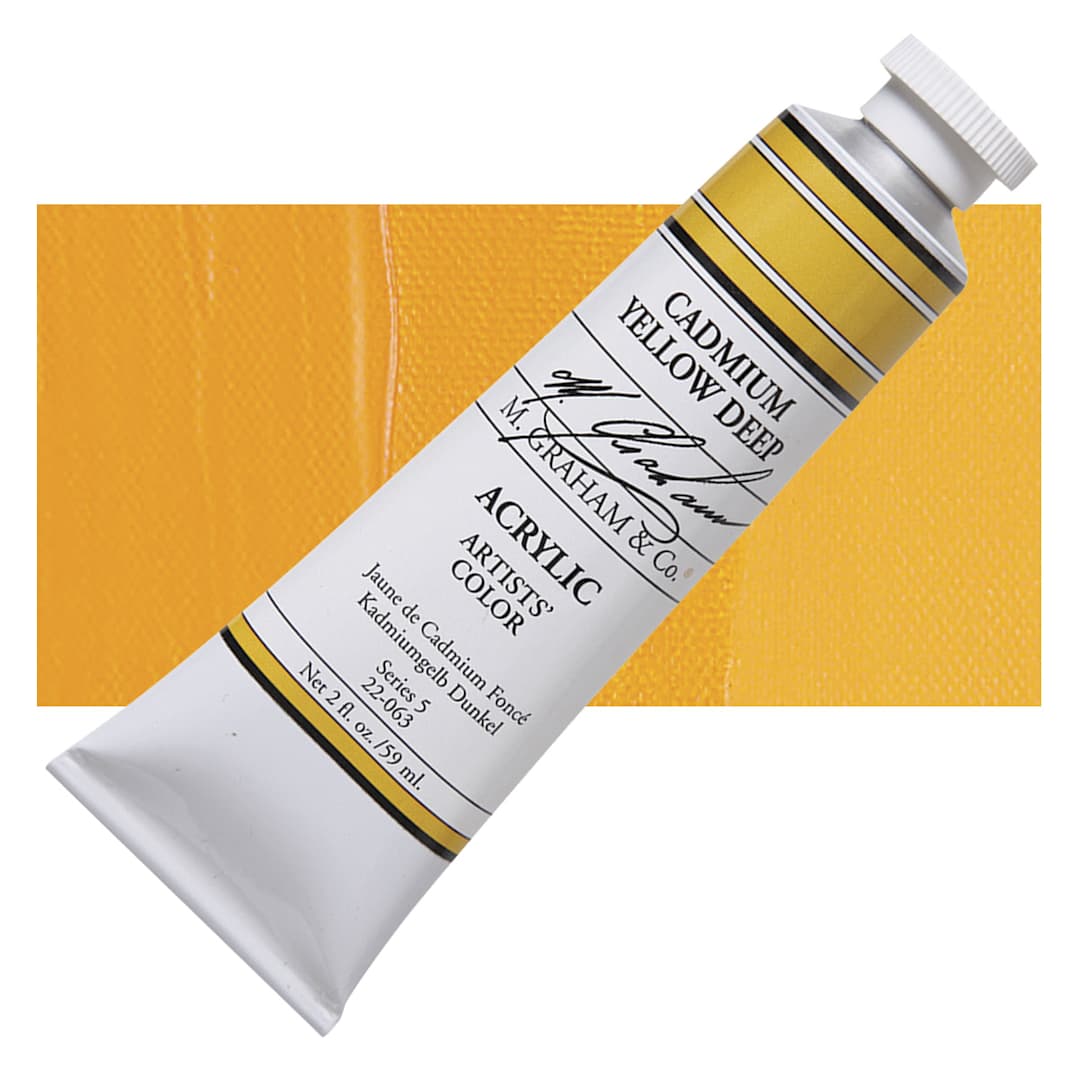 Open in modal - M. Graham Artists' Acrylic - Cadmium Yellow Deep, 2 oz tube and swatch