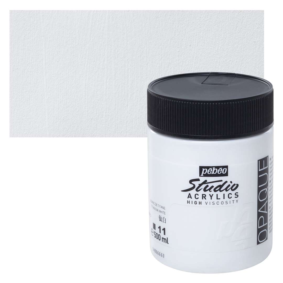 Open in modal - Pebeo High Viscosity Acrylic - Titanium White, 500 ml jar and swatch