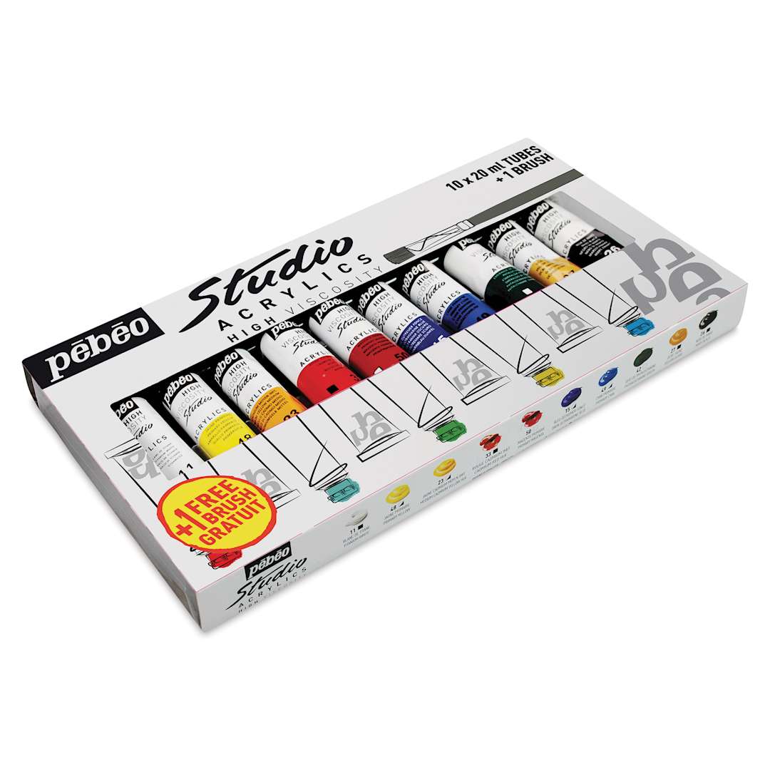 Open in modal - Pebeo High Viscosity Acrylics - Set of 10 with Brush, Assorted Colors, 20 ml, Tubes (In packaging)