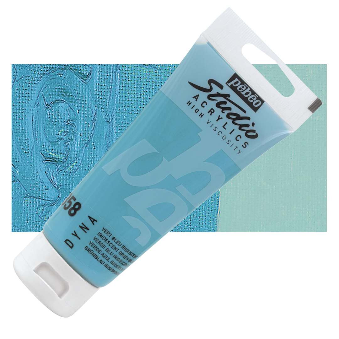 Open in modal - Pebeo High Viscosity Acrylic - Iridescent Green/Blue, 100 ml, Tube and swatch