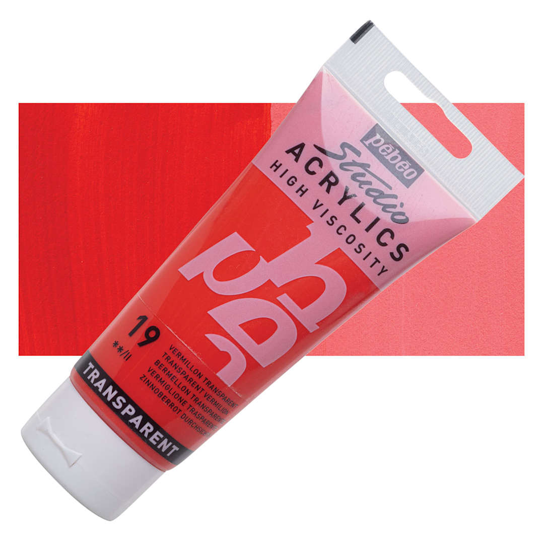 Open in modal - Pebeo High Viscosity Acrylic - Transparent Vermilion, 100 ml tube and swatch