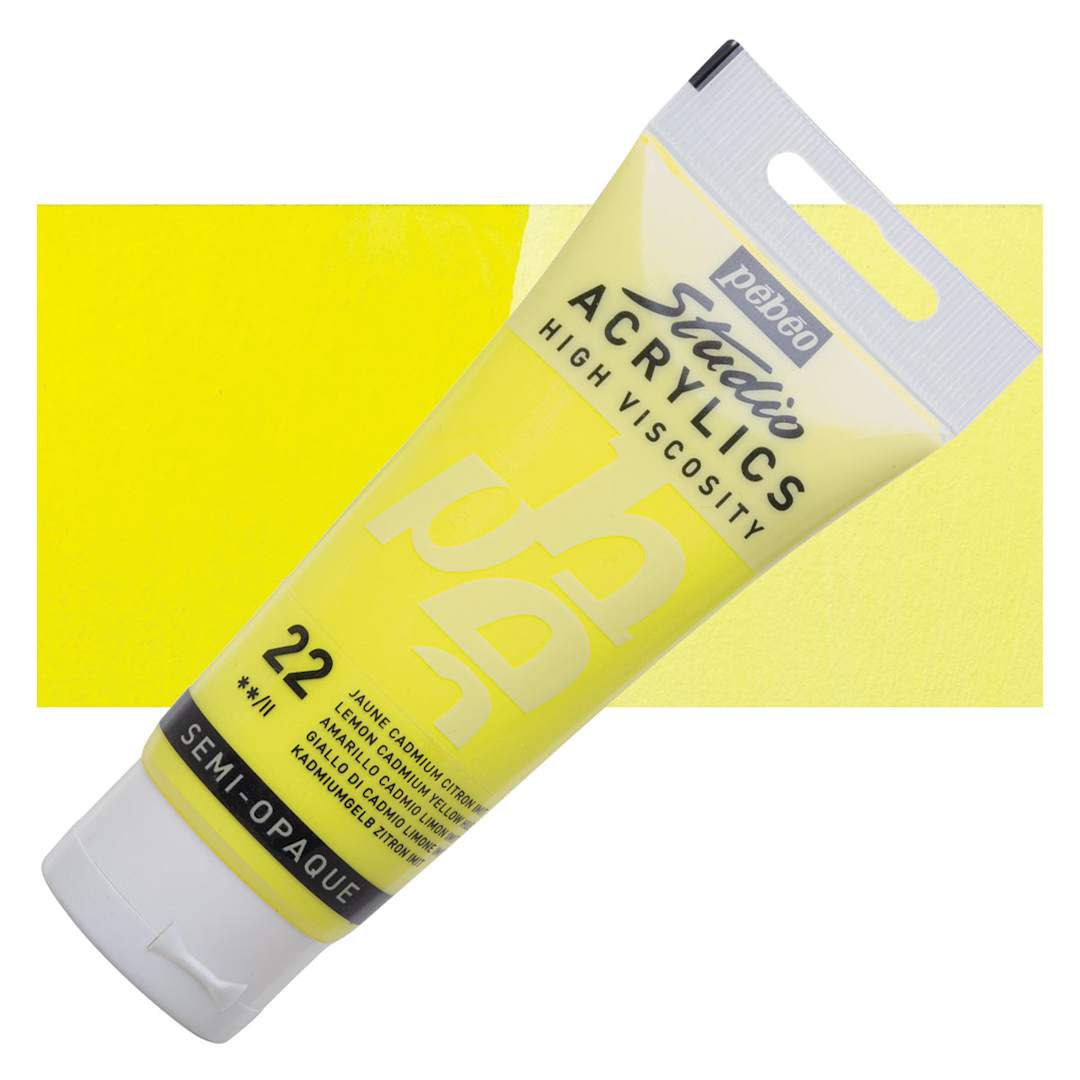 Open in modal - Pebeo High Viscosity Acrylic - Lemon Cadmium Yellow Hue, 100 ml, Swatch with Tube