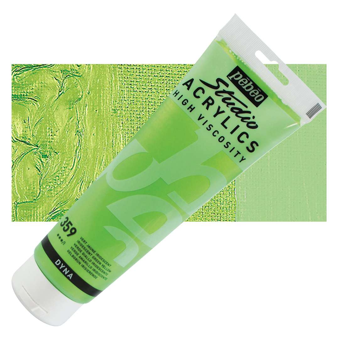 Open in modal - Pebeo High Viscosity Acrylic - Iridescent Green/Yellow, 250 ml, Tube and swatch