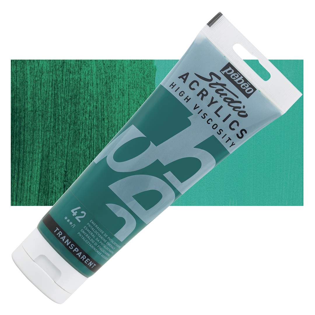 Open in modal - Pebeo High Viscosity Acrylics - Phthalocyanine Emerald, 250 ml Tube and swatch