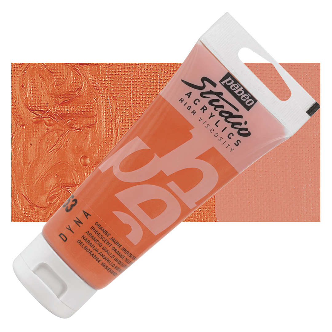 Open in modal - Pebeo High Viscosity Acrylic - Iridescent Orange/Yellow, 100 ml, Tube and swatch