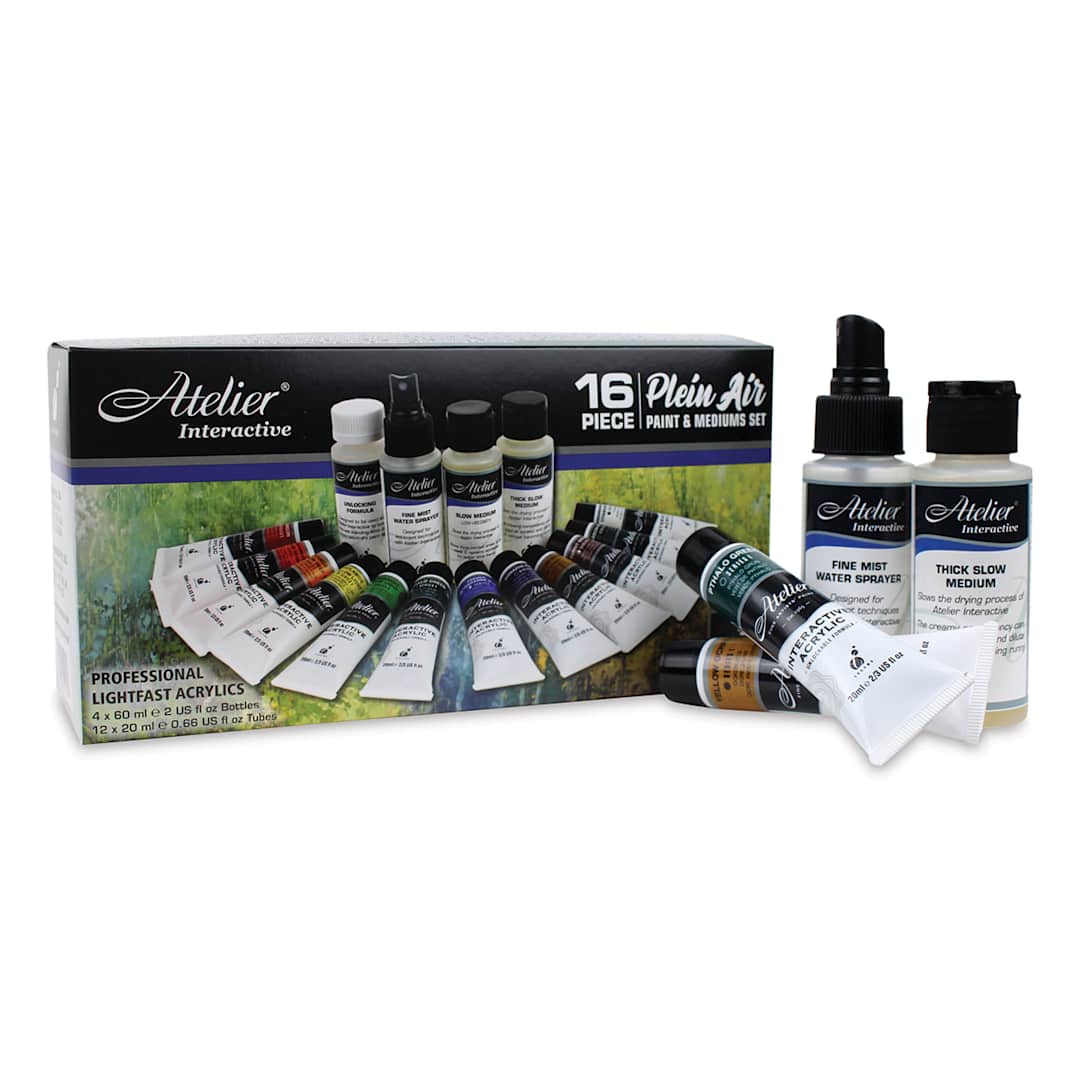 Open in modal - Chroma Atelier Interactive Artists' Acrylics - Plein Air Set package with 2 tubes, Medium & Sprayer 