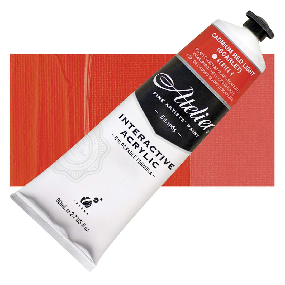 Open in modal - Chroma Atelier Interactive Artists' Acrylic - Cadmium Red Light (Scarlet), 80 ml tube and swatch