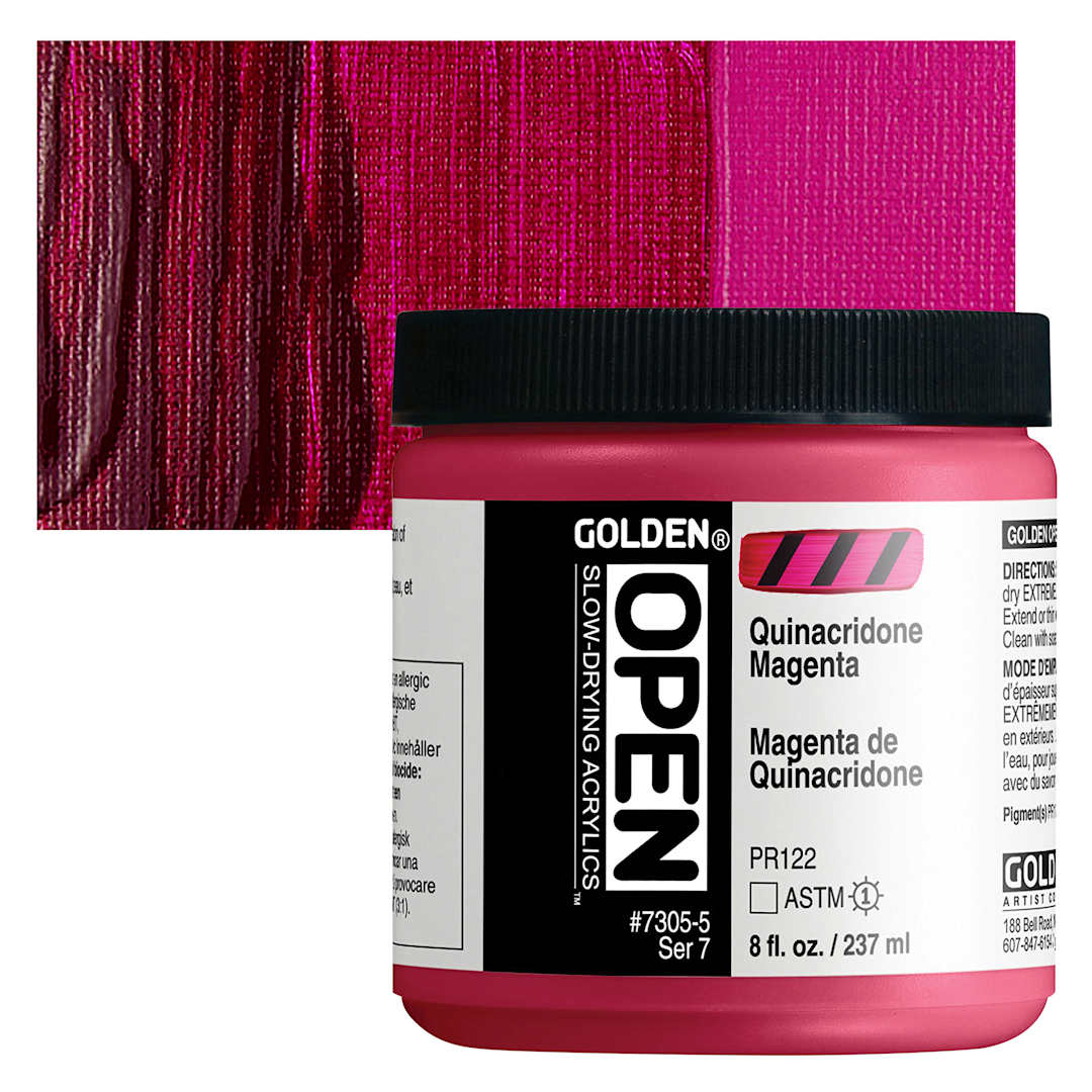 Open in modal - Golden Open Acrylic - Quinacridone Magenta, 8 oz Jar and swatch