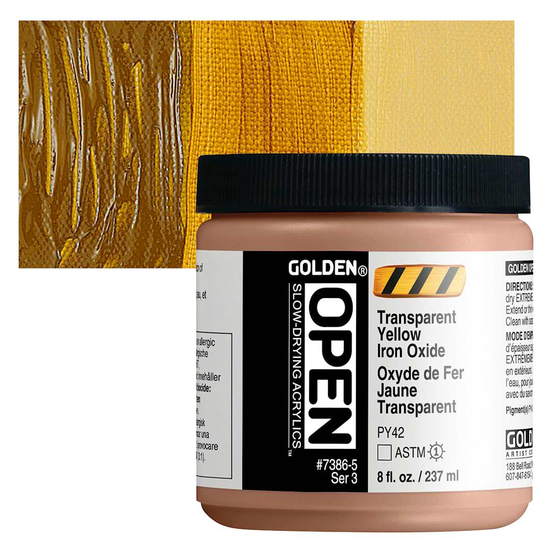 Open in modal - Golden Open Acrylic - Transparent Yellow Iron Oxide, 8 oz Jar and swatch