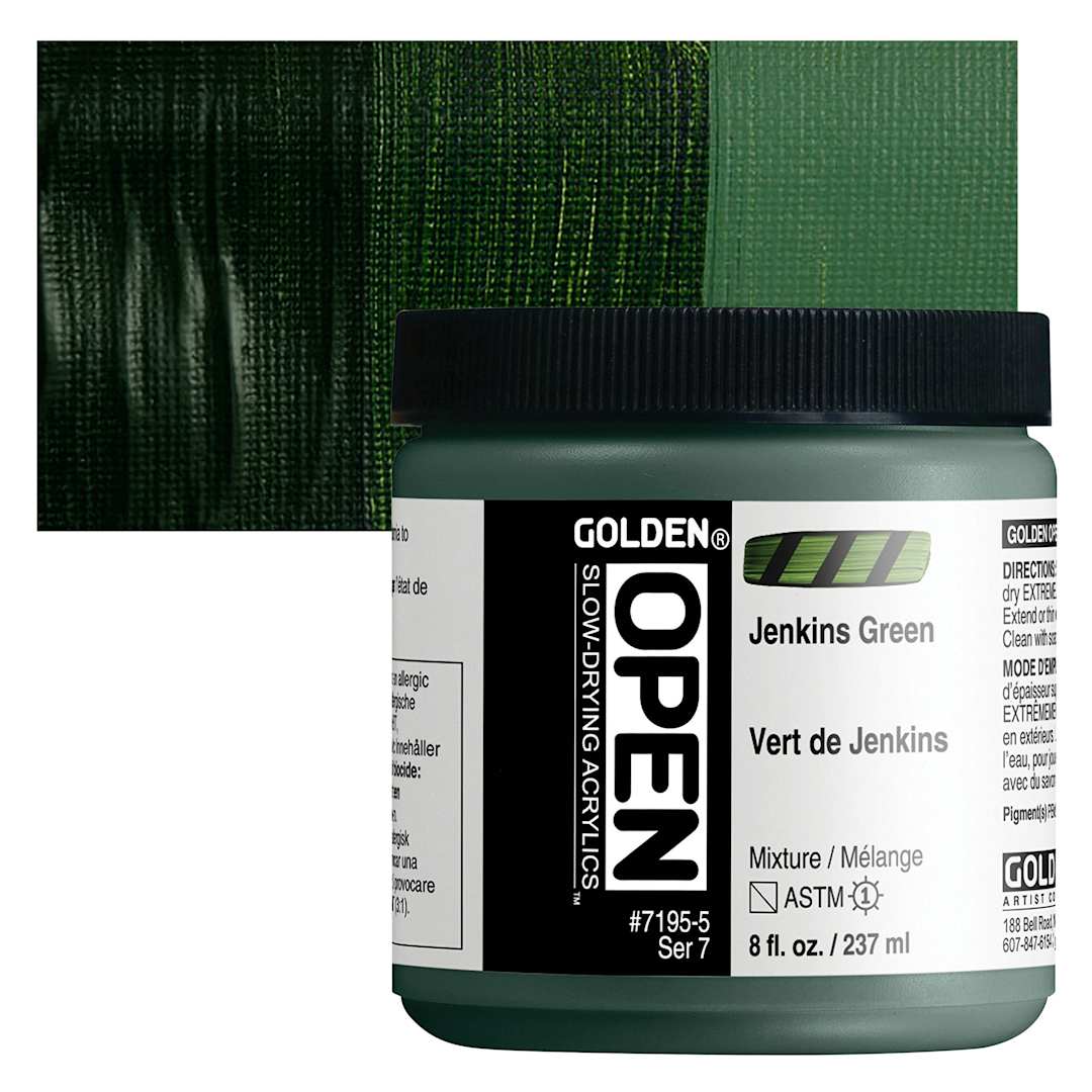 Open in modal - Golden Open Acrylic - Jenkins Green, 8 oz Jar and swatch