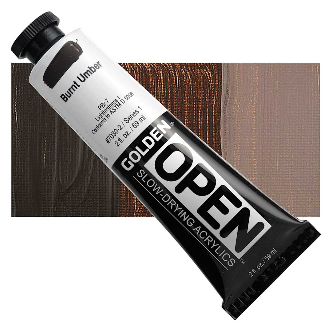 Open in modal - Golden Open Acrylic - Burnt Umber, 2 oz Tube and swatch